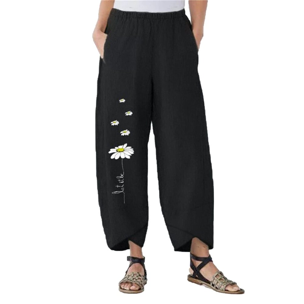 Maiyifu-GJ Women's Cotton Linen Slim Pants Summer Beach Casual Baggy Pant Elastic Waist Lightweight Wide Leg Trousers (Black,XX-Large)