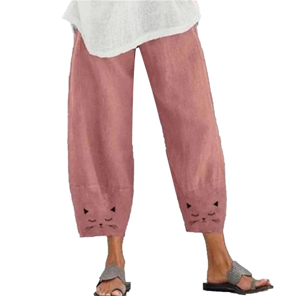 Maiyifu-GJ Women's Cotton Linen Slim Pants Summer Beach Casual Baggy Pant Elastic Waist Lightweight Wide Leg Trousers (Pink,Medium)