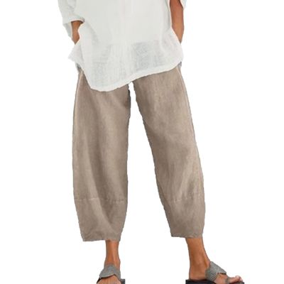 Maiyifu-GJ Women's Linen Casual Baggy Cropped Pants Elastic Waist Summer Beach Trousers Lightweight Wide Leg Flowy Sweatpants (Apricot,5X-Large)