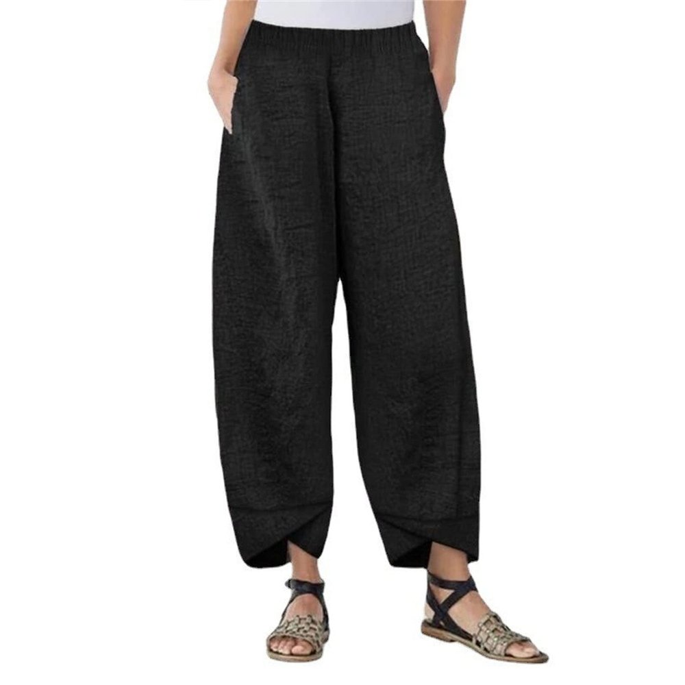 Maiyifu-GJ Women's Linen Baggy Cropped Pants Solid Elastic Waist Summer Beach Trousers Lightweight Wide Leg Loose Sweatpants (Black,4X-Large)