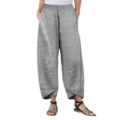 Maiyifu-GJ Women's Linen Baggy Cropped Pants Solid Elastic Waist Summer Beach Trousers Lightweight Wide Leg Loose Sweatpants (Grey,Large)