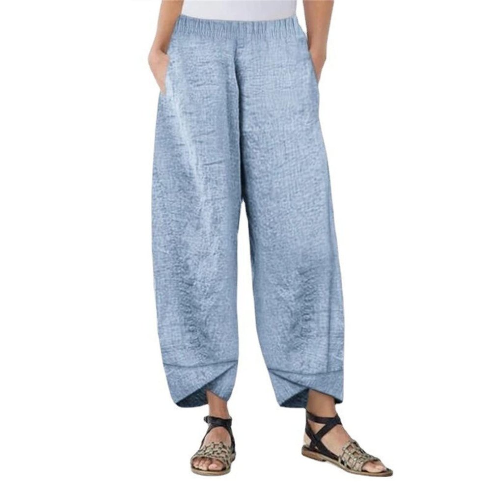 Maiyifu-GJ Women's Linen Baggy Cropped Pants Solid Elastic Waist Summer Beach Trousers Lightweight Wide Leg Loose Sweatpants (Light Blue,Medium)