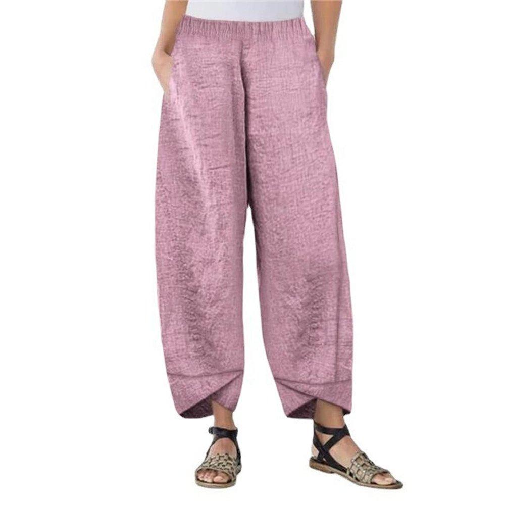 Women's Linen Baggy Cropped Pants Solid Elastic Waist Summer Beach Trousers Lightweight Wide Leg Loose Sweatpants (Pink 1,3X-Large)