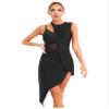 Aislor Women's Latin Salsa Ballroom Dance Dress Sheer Mesh Patchwork Asymmetrical Hem Dress Dancewear Black Large view 1