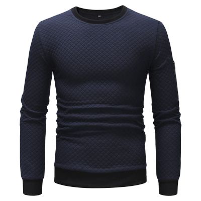 JEsilunmaMY Men's Round Neck Sweatshirt Long Sleeve Crewneck Slimming Pullover Tops Solid Color Casual Quilted Jumper Sweater (Dark Blue,Medium)
