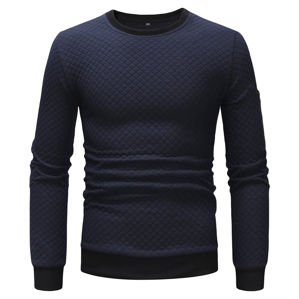 JEsilunmaMY Men's Round Neck Sweatshirt Long Sleeve Crewneck Slimming Pullover Tops Solid Color Casual Quilted Jumper Sweater (Dark Blue,Medium)