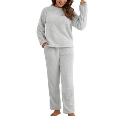 Homgro Women's Long Sleeve Fleece Pajama Set 2 Piece Sherpa Lined Pullover Shirt and Pants Jammies Warm Matching Outfit Fall Pjs Winter Lounge Set Soft Loungewear Cozy Sleepwear Light Grey Large