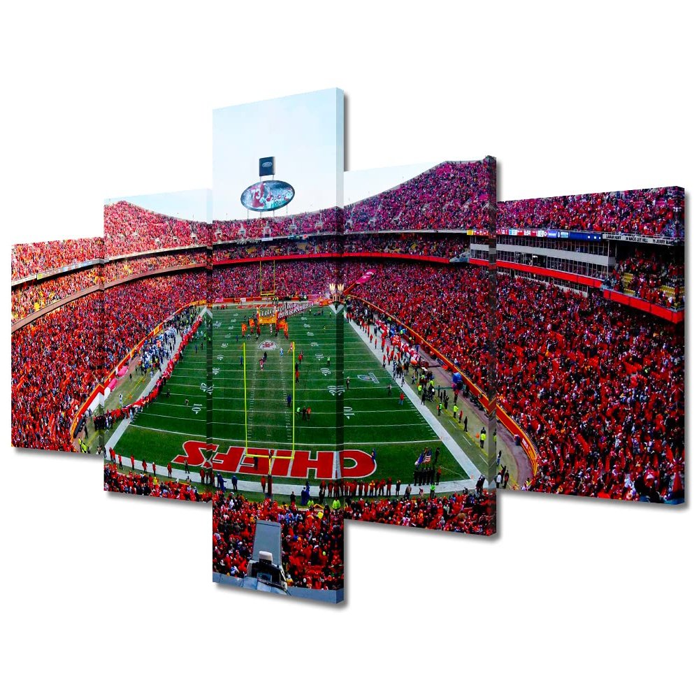 American Decor GEHA Field at Arrowhead Stadium Pictures Paintings 5 Panel Canvas Wall Art Chiefs American Soccer Pictures Artwork Home Decor for Living Room Giclee Framed Ready to Hang (50"Wx24"H)