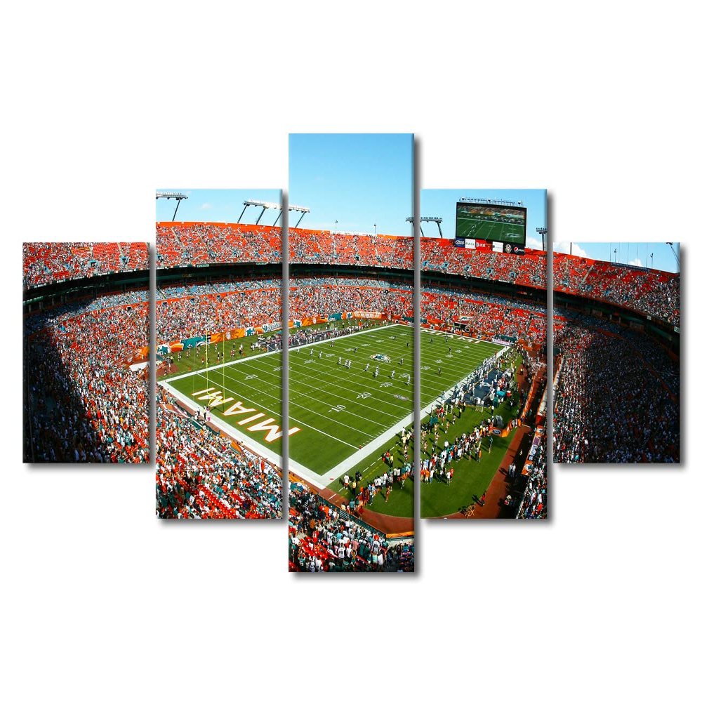 American Decor Wall Art Dolphins Sports Soccer Stadium 5 Pcs Canvas Printing Posters Picture Florida, US Artwork for Boys Bedroom Living Room Decorations Stretched and Framed Ready to Hang (60"Wx32"H)