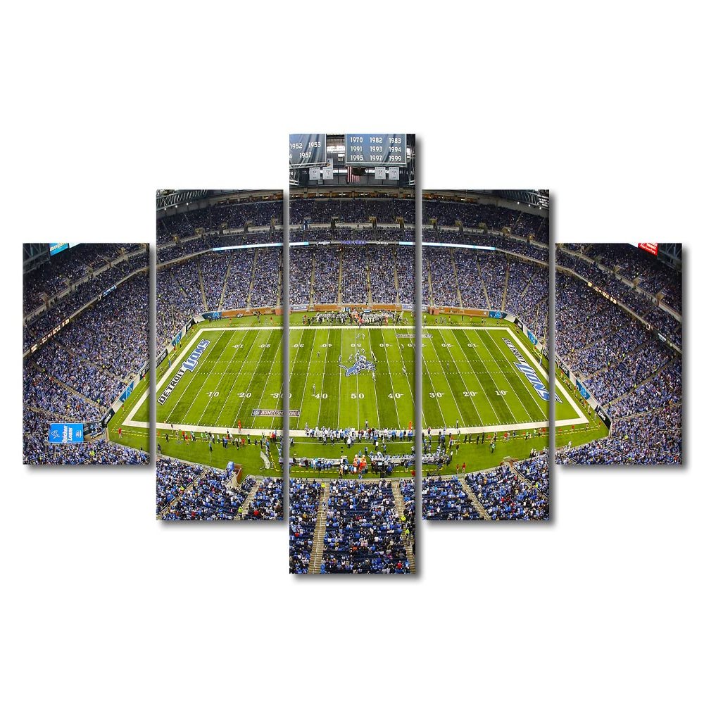 5 Panel American Detroit Decor Wall Art Sports Canvas Printing Football Posters Lions Soccer Team Ford Field Pictures for Living Room Bedroom Decorations Stretched and Framed Ready to Hang (60"Wx32"H)