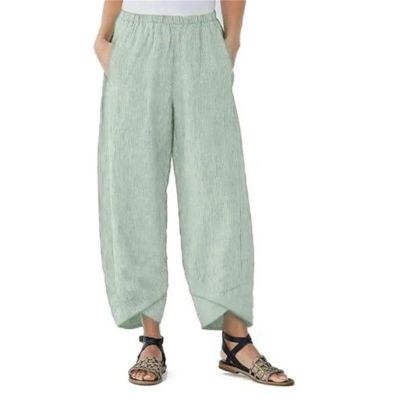 Maiyifu-GJ Women's Linen Baggy Cropped Pants Solid Elastic Waist Summer Beach Trousers Lightweight Wide Leg Loose Sweatpants (Light Green,Large)