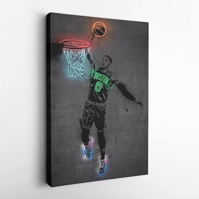 Jayson Tatum Poster Neon Boston Celtics NBA Canvas Wall Art Home Decor Framed Poster Man Cave Gift(Canvas Ready To Hang, 12"x18")