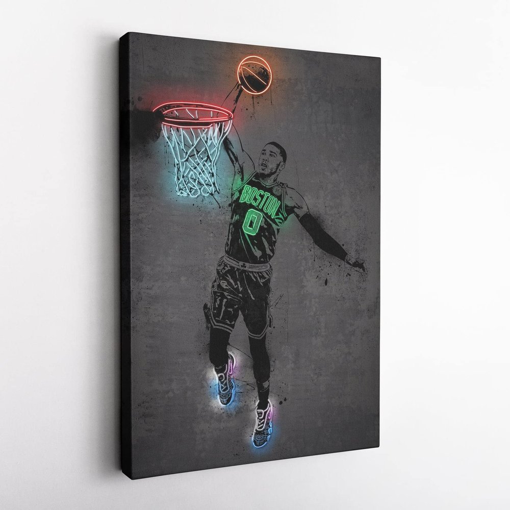 Jayson Tatum Poster Neon Boston Celtics NBA Canvas Wall Art Home Decor Framed Poster Man Cave Gift(Canvas Ready To Hang, 12"x18")