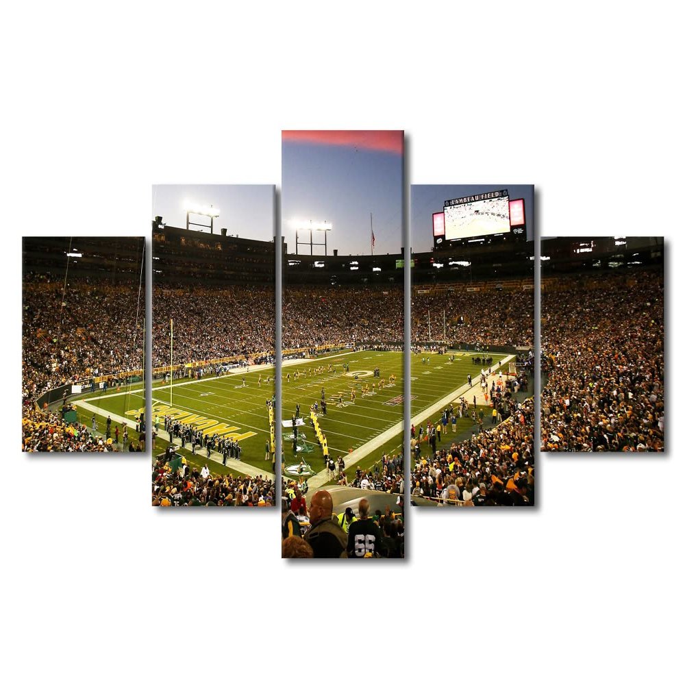 5 Pieces Green Bay Football Canvas Wall Art, American Sports Stadium Lambeau Field Art Prints for Home Wall Decor, Soccer Posters Gift for Men Boys Room Living Room Decor Poster Painting (60"Wx32"H)