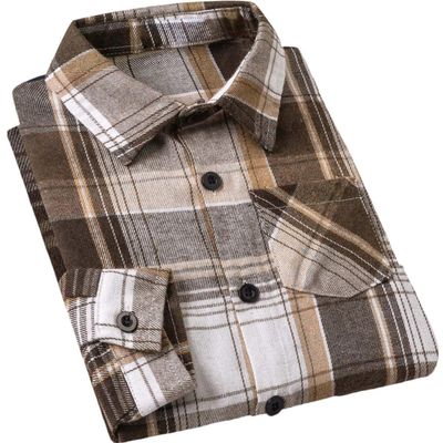 Cromoncent Men's Casual Plaid Flannel Long Sleeve Button Down Shirts, Khaki Brown, 4X-Large
