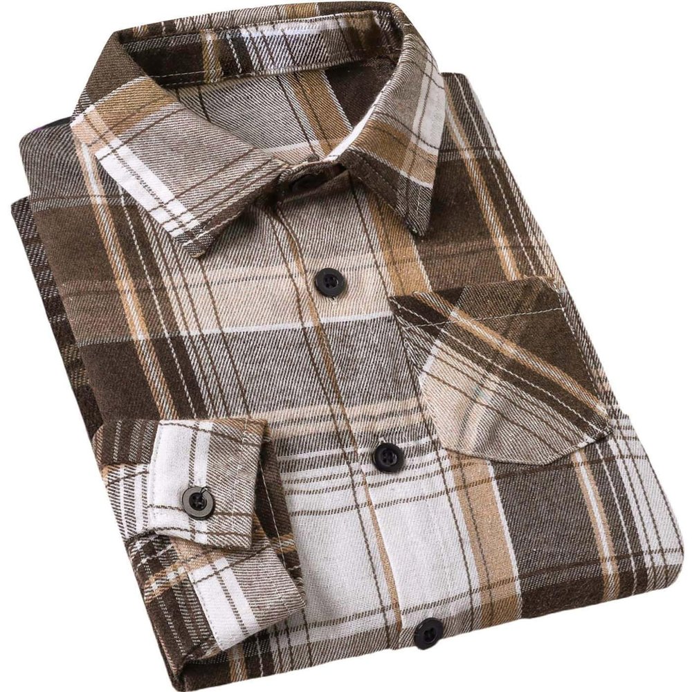 Cromoncent Men's Casual Plaid Flannel Long Sleeve Button Down Shirts, Khaki Brown, 4X-Large