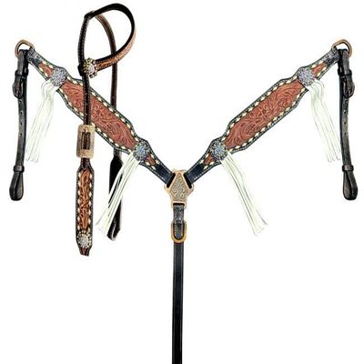 Showman Two-Tone Tooled Single Ear Leather Headstall & Breast Collar Set