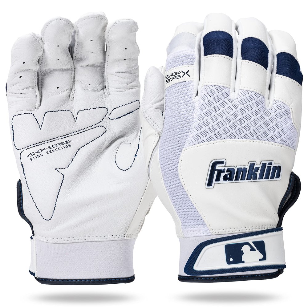Franklin Sports MLB Baseball Batting Gloves - Shok-Sorb X Batting Gloves for Baseball + Softball - Adult + Youth Padded Non-Sting Pair - White + Navy Chrome - Adult Medium