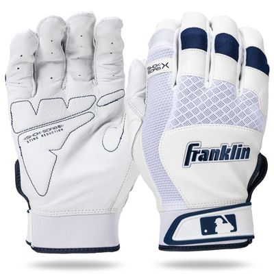 Franklin Sports MLB Baseball Batting Gloves - Shok-Sorb X Batting Gloves for Baseball + Softball - Adult + Youth Padded Non-Sting Pair - White + Navy Chrome - Adult Small