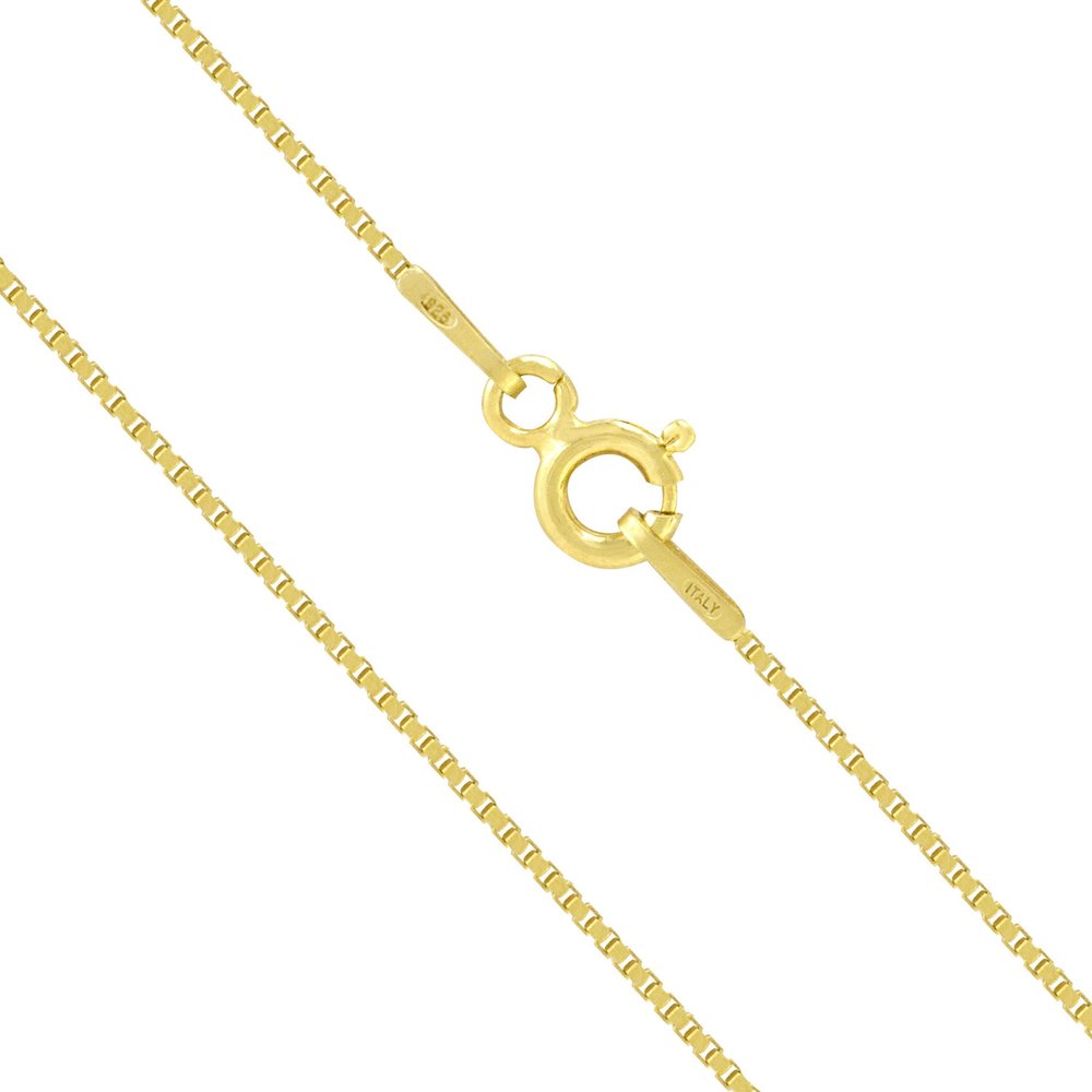 14K Yellow Gold Plated Sterling Silver Chain Necklace for Women Box 0.8mm Responsibly Sourced - Non-Migrating Clasp Design - 14K Yellow Gold Plated Sterling Silver Chain Necklace - Italian Made in Italy - Quality Durable Sturdy 0.8mm Chain for Women 