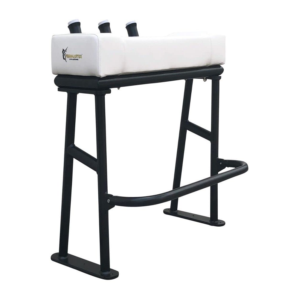 Fishmaster Original Leaning Post for Center Console Fishing Boats  Three Rocket Launcher Rod Holders, Rectractable Footrest, Flow Through Foam  White Upholstery/Black Powder Coat