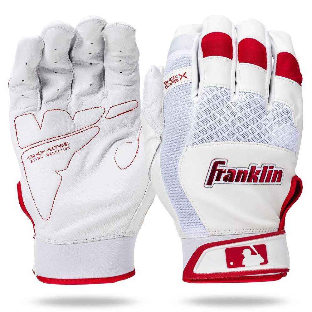 Franklin Sports MLB Baseball Batting Gloves - Shok-Sorb X Batting Gloves for Baseball + Softball - Adult + Youth Padded Non-Sting Pair - White + Red Chrome - Adult Small