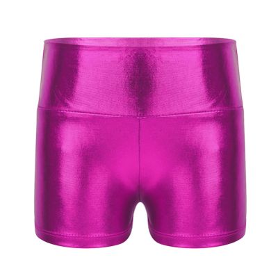 CHICTRY Kids Girls Metallic Shiny Stretch High Waisted Athletic Booty Dance Shorts Rose 7-8