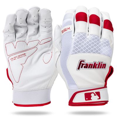 Franklin Sports MLB Baseball Batting Gloves - Shok-Sorb X Batting Gloves for Baseball + Softball - Adult + Youth Padded Non-Sting Pair - White + Red Chrome - Adult Medium