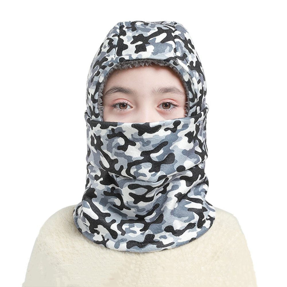 Kids Winter Thermal Fleece Balaclava Hood Ski Mask Face Covering Neck Warmer Gaiter for Children Boys Girls Over 3 Years Old Camouflage Grey