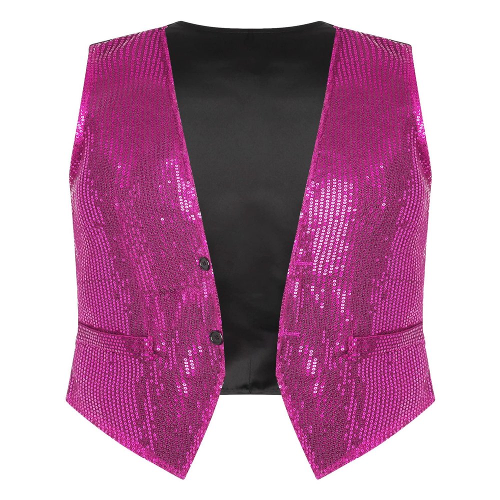 vastwit V-Neck Sequin Vest for Men Shiny Party Nightclub Top Stylish Suit Vest Tuxedo Waistcoat Hot Pink Large