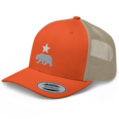 RIVEMUG California Bear and Star Rep Your State Platinum Trucker Hat Embroidered Curved Bill Snapback Baseball Cap Men Women Orange