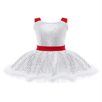 TiaoBug Kids Girls Shiny Sequins Christmas Dance Dress Santa Claus Costumes Ballet Tutu Figure Ice Skating Dress Wide Strap White E 4 Years