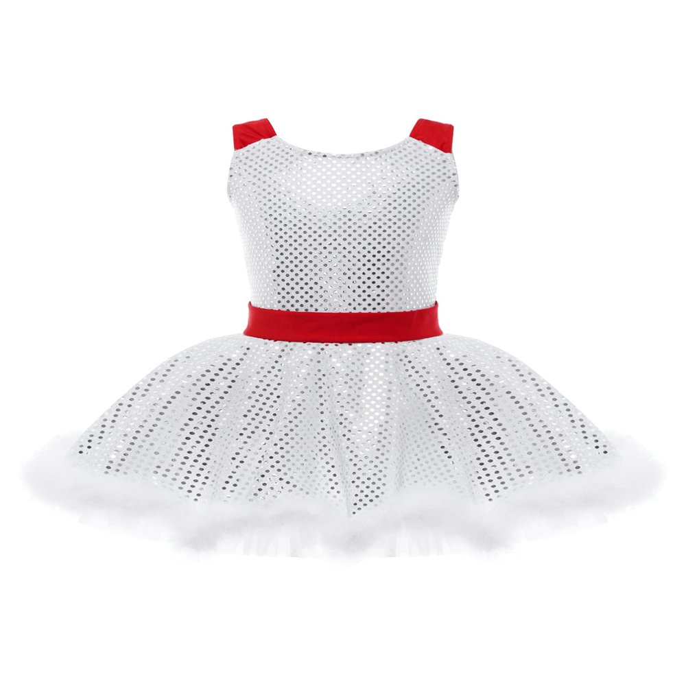 TiaoBug Kids Girls Shiny Sequins Christmas Dance Dress Santa Claus Costumes Ballet Tutu Figure Ice Skating Dress Wide Strap White E 4 Years