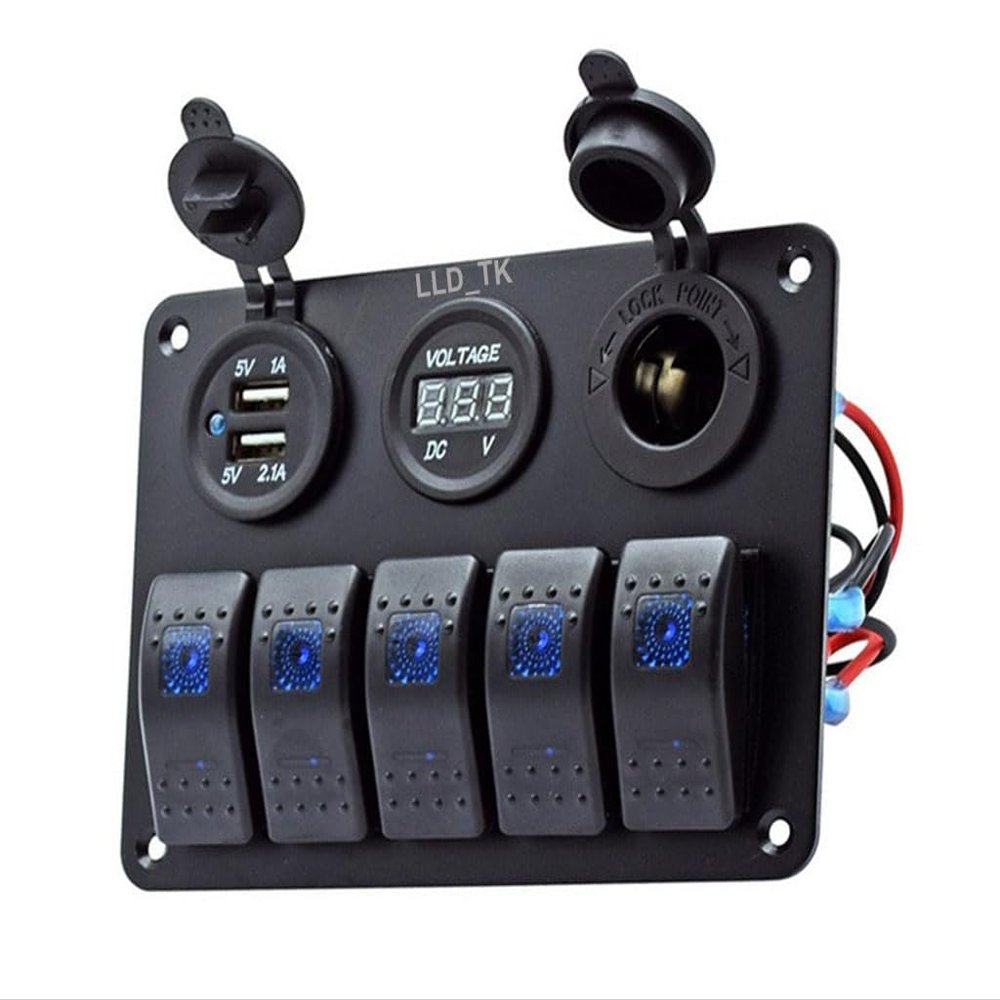 5 Gang Rocker Toggle Switch Panel Aluminum Waterproof Led Car Truck Marine Boat RV Camper Digital Voltmeter Display Dual USB Volt Socket 12V 24V