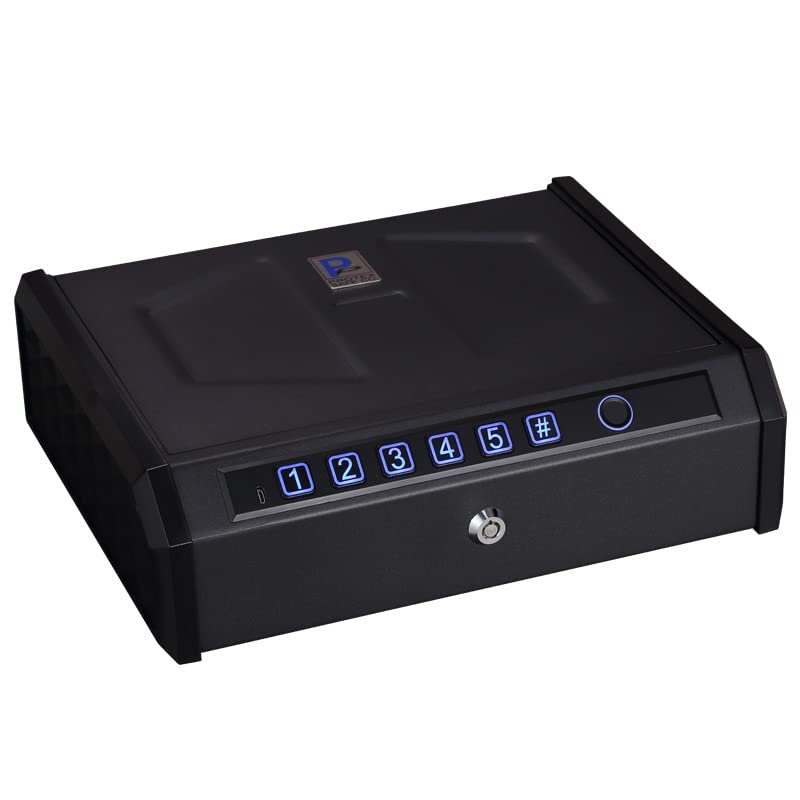 Protex Biometric Pistol Safe (PSFB-100), | Fingerprint | Keyboard | Key |-3 ways to unlock. Quick access and Auto lid. Interior light. Stainless Steel Safety Cable include. (2 gun Capacity)