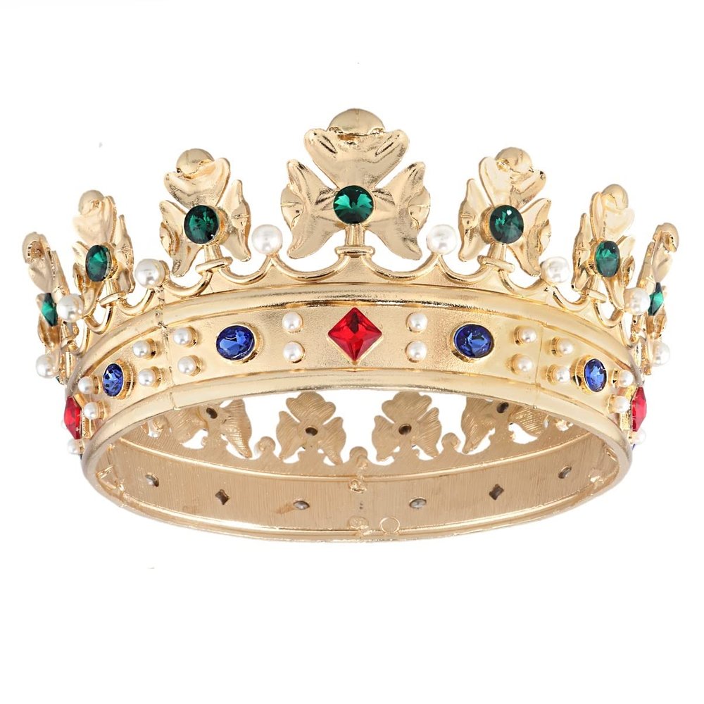 Baroque Royal Crown Men's Metal Prince Hair Crown Full Circle Birthday Party Hair Accessories For Cosplay Prom Quinceanera (Large Size 7.28" Diameter, Gold With Green Stone)