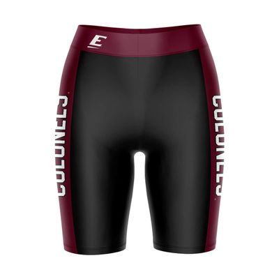 Biker Shorts for Women - 9" Inseam Black Shorts (Reg & Plus Size) 88% Polyester / 12% Spandex - Eastern Kentucky University Logo on Waistband - High Waisted Workout