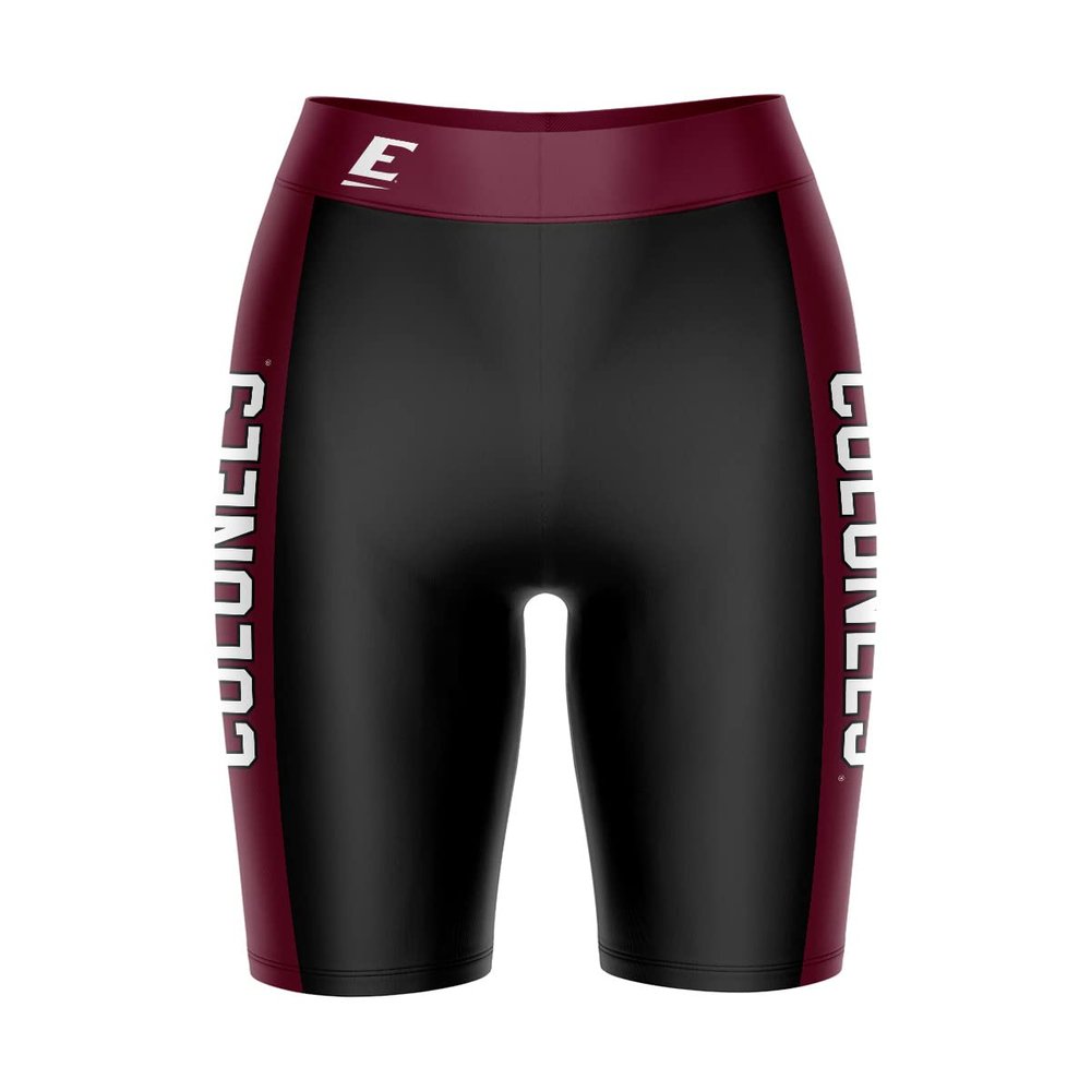 Biker Shorts for Women - 9" Inseam Black Shorts (Reg & Plus Size) 88% Polyester / 12% Spandex - Eastern Kentucky University Logo on Waistband - High Waisted Workout