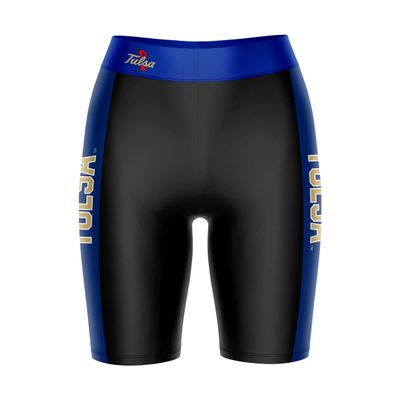 Biker Shorts for Women - 9" Inseam Black Shorts (Reg & Plus Size) 88% Polyester / 12% Spandex - University of Tulsa Logo on Waistband - High Waisted Workout
