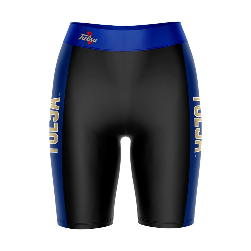 Biker Shorts for Women - 9" Inseam Black Shorts (Reg & Plus Size) 88% Polyester / 12% Spandex - University of Tulsa Logo on Waistband - High Waisted Workout