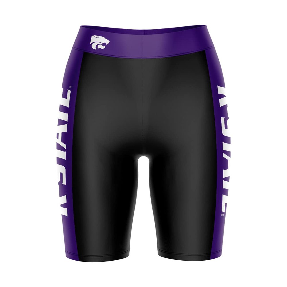 Biker Shorts for Women - 9" Inseam Black Shorts (Reg & Plus Size) 88% Polyester / 12% Spandex - Kansas State University Logo on Waistband - High Waisted Workout