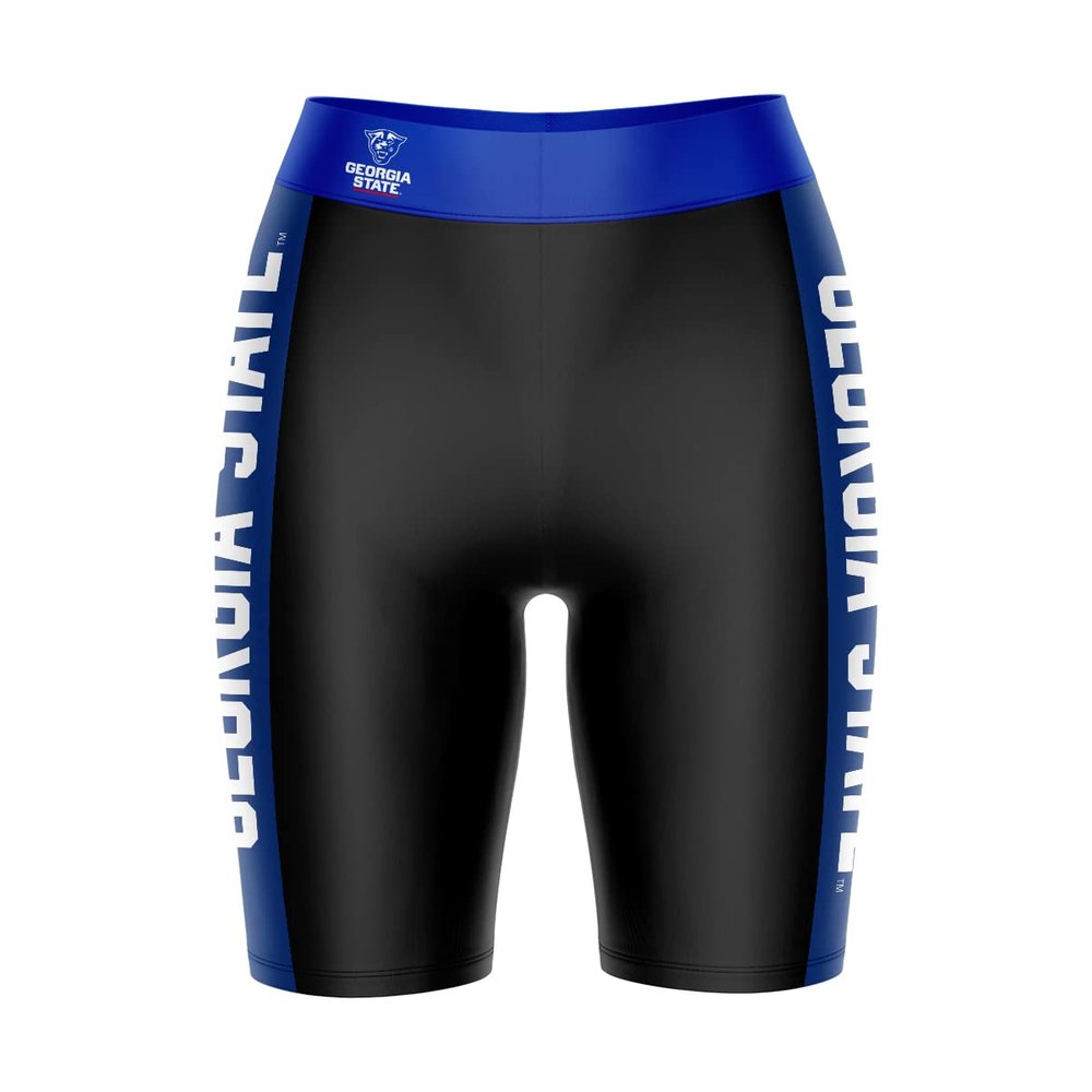 Biker Shorts for Women - 9" Inseam Black Shorts (Reg & Plus Size) 88% Polyester / 12% Spandex - Georgia State University Logo on Waistband - High Waisted Workout