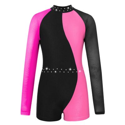 FEESHOW Leotards for Girls Gymnastics Children Long Sleeve Zipper Back Biketard Unitard Jumpsuit with Shorts Rose 6 Years