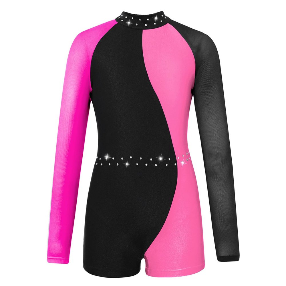 FEESHOW Leotards for Girls Gymnastics Children Long Sleeve Zipper Back Biketard Unitard Jumpsuit with Shorts Rose 6 Years