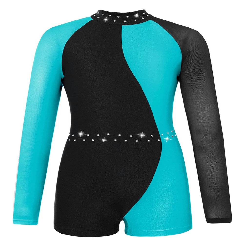 FEESHOW Leotards for Girls Gymnastics Children Long Sleeve Zipper Back Biketard Unitard Jumpsuit with Shorts Blue Green 10 Years