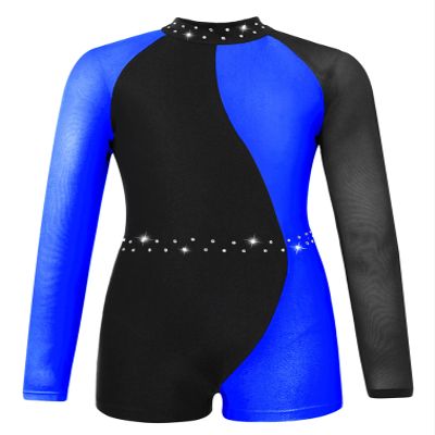 FEESHOW Leotards for Girls Gymnastics Children Long Sleeve Zipper Back Biketard Unitard Jumpsuit with Shorts Royal Blue 6 Years