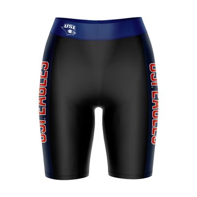 Biker Shorts for Women - 9" Inseam Black Shorts (Reg & Plus Size) 88% Polyester / 12% Spandex - University of Southern Indiana Logo on Waistband - High Waisted Workout