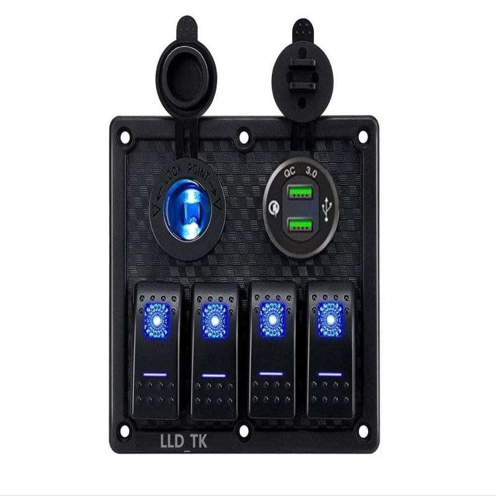 Waterproof Marine Boat Rocker Switch Panel 4 Gang Dual USB QC 3.0 Cigarette Lighter LED Light Car RV Vehicle Truck Camper