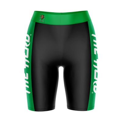 Biker Shorts for Women - 9" Inseam Black Shorts (Reg & Plus Size) 88% Polyester / 12% Spandex - Marshall University Logo on Waistband - High Waisted Workout