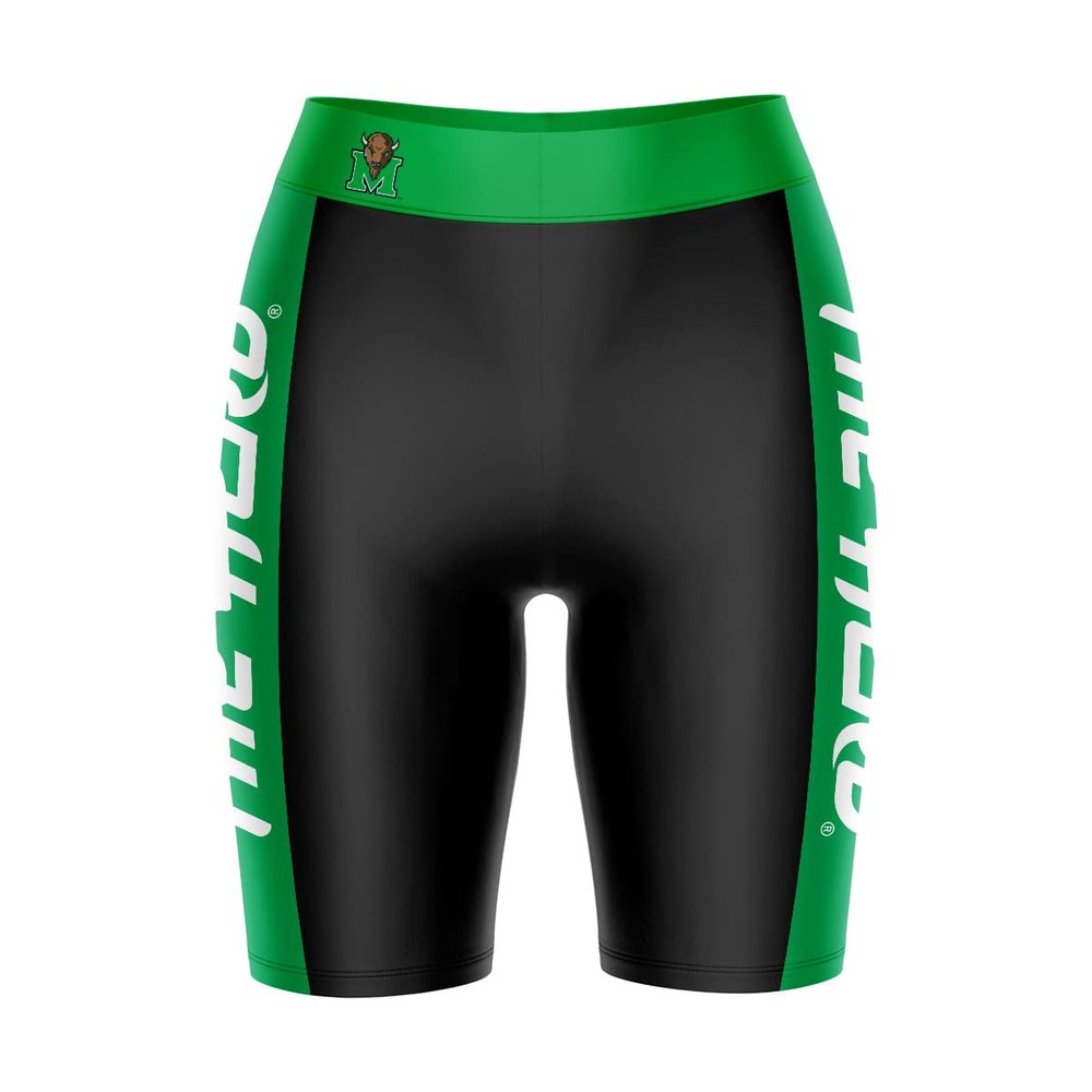 Biker Shorts for Women - 9" Inseam Black Shorts (Reg & Plus Size) 88% Polyester / 12% Spandex - Marshall University Logo on Waistband - High Waisted Workout